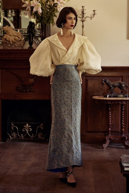 Atelier Shikaarbagh Beige Heavy Organza Floral, Pearl V Neck Draped Puffed Sleeve Blouse