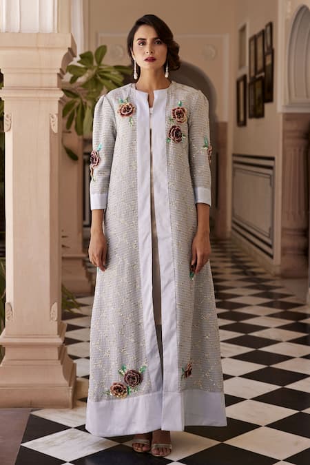 Cutwork Jacket with a Silk Kimkhab Dress and Gorma Skirt- ELAM SET –  Upasana Auroville