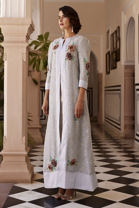 Shop Atelier Shikaarbagh Blue Georgette Floral, Sequin Open Embellished Jacket at Aza Fashions Shop_Atelier Shikaarbagh_Blue Georgette Floral, Sequin Open Embellished Jacket _at_Aza_Fashions