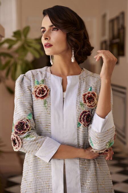 Buy Atelier Shikaarbagh Blue Georgette Floral, Sequin Open Embellished Jacket Online at Aza Fashions Buy_Atelier Shikaarbagh_Blue Georgette Floral, Sequin Open Embellished Jacket _Online_at_Aza_Fashions