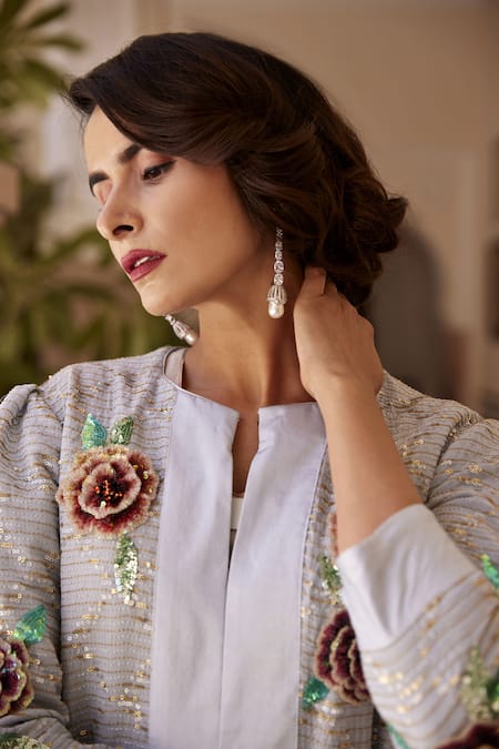 Shop Atelier Shikaarbagh Blue Georgette Floral, Sequin Open Embellished Jacket Online at Aza Fashions Shop_Atelier Shikaarbagh_Blue Georgette Floral, Sequin Open Embellished Jacket _Online_at_Aza_Fashions