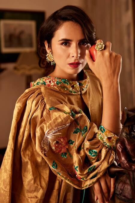 Buy Atelier Shikaarbagh Gold Tissue Floral, Sequin Band Collar Sleeve Embroidered Jacket Online at Aza Fashions Buy_Atelier Shikaarbagh_Gold Tissue Floral, Sequin Band Collar Sleeve Embroidered Jacket _Online_at_Aza_Fashions