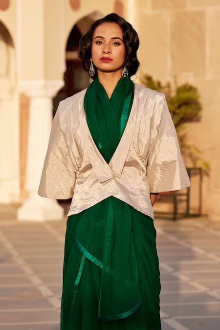 Shop Atelier Shikaarbagh Silver Tissue Plain Lapel Collar Jacket at Aza Fashions Shop_Atelier Shikaarbagh_Silver Tissue Plain Lapel Collar Jacket _at_Aza_Fashions