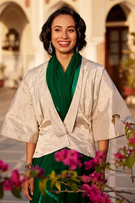 Atelier Shikaarbagh Silver Tissue Plain Lapel Collar Jacket Online at Aza Fashions Atelier Shikaarbagh_Silver Tissue Plain Lapel Collar Jacket _Online_at_Aza_Fashions