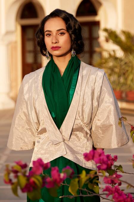 Buy Atelier Shikaarbagh Silver Tissue Plain Lapel Collar Jacket Online at Aza Fashions Buy_Atelier Shikaarbagh_Silver Tissue Plain Lapel Collar Jacket _Online_at_Aza_Fashions