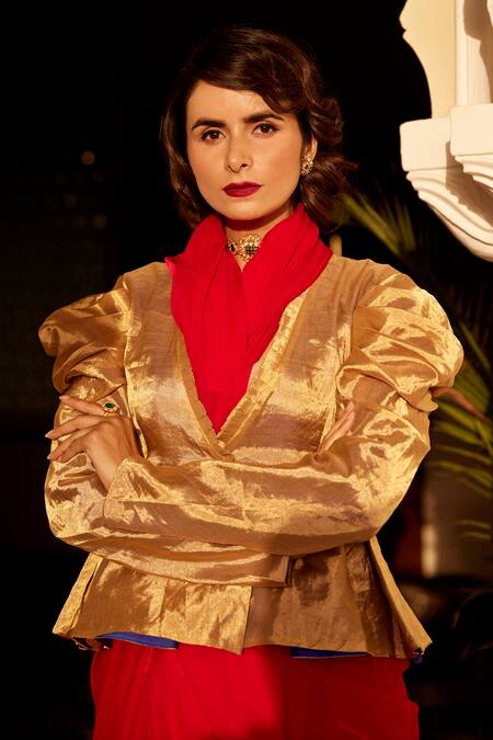 Buy Atelier Shikaarbagh Gold Tissue Plain Open Draped Sleeve Jacket Online at Aza Fashions Buy_Atelier Shikaarbagh_Gold Tissue Plain Open Draped Sleeve Jacket _Online_at_Aza_Fashions