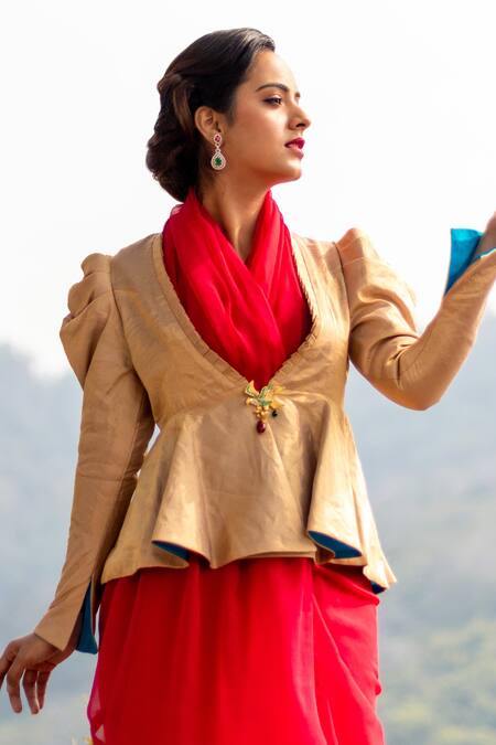 Atelier Shikaarbagh Gold Tissue Plain Open Draped Sleeve Jacket at Aza Fashions Atelier Shikaarbagh_Gold Tissue Plain Open Draped Sleeve Jacket _at_Aza_Fashions