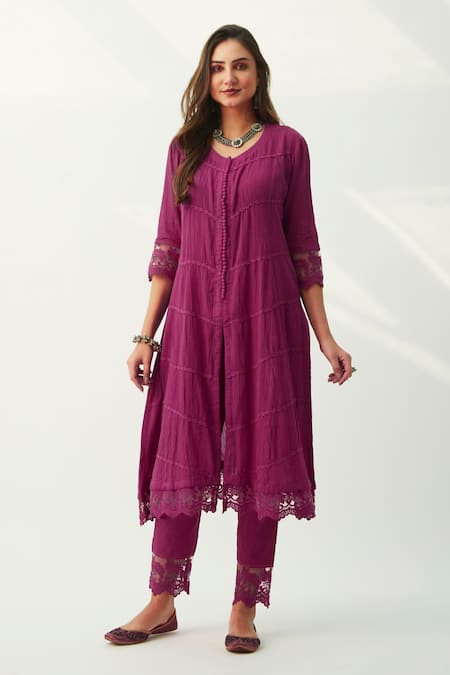 Roze_Magenta 100% Cotton Round Mahjabeen A-line Kurta Set _Online_at_Aza_Fashions