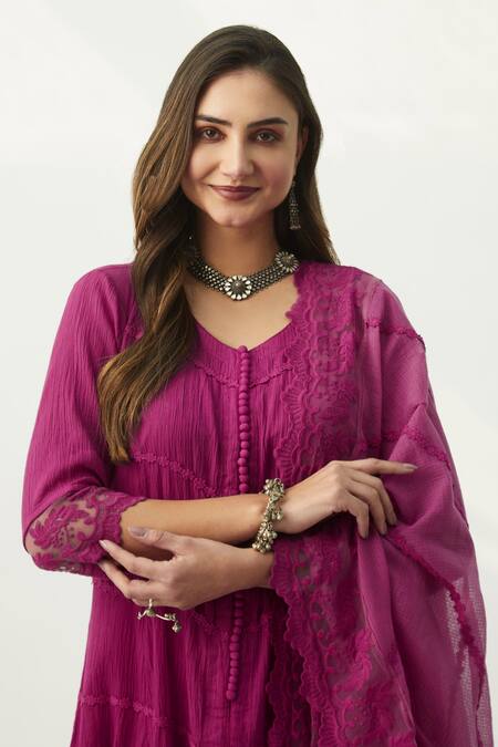 Shop_Roze_Magenta 100% Cotton Round Mahjabeen A-line Kurta Set _Online_at_Aza_Fashions