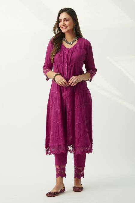 Roze_Pink 100% Cotton Round Mahjabeen Anarkali _Online_at_Aza_Fashions