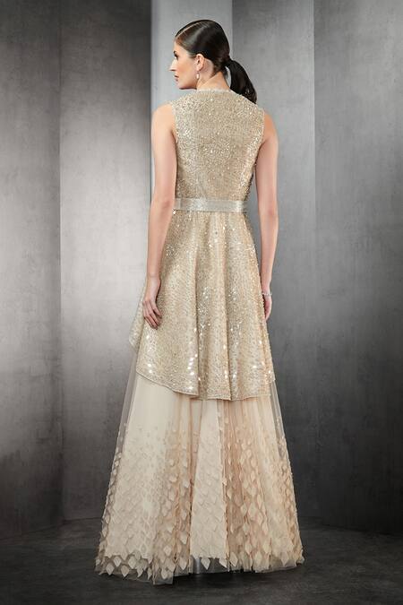 Shop Rohit Gandhi + Rahul Khanna Beige Tulle Crystals, Feathers V Neck Embellished Jacket And Skirt Set at Aza Fashions Shop_Rohit Gandhi + Rahul Khanna_Beige Tulle Crystals, Feathers V Neck Embellished Jacket And Skirt Set _at_Aza_Fashions