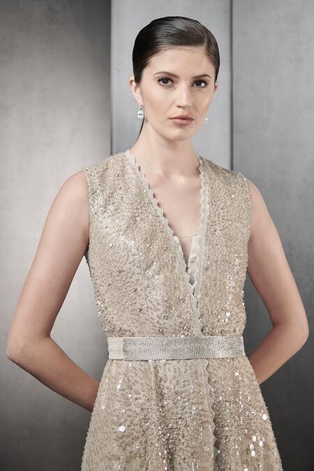 Buy Rohit Gandhi + Rahul Khanna Beige Tulle Crystals, Feathers V Neck Embellished Jacket And Skirt Set Online at Aza Fashions Buy_Rohit Gandhi + Rahul Khanna_Beige Tulle Crystals, Feathers V Neck Embellished Jacket And Skirt Set _Online_at_Aza_Fashions