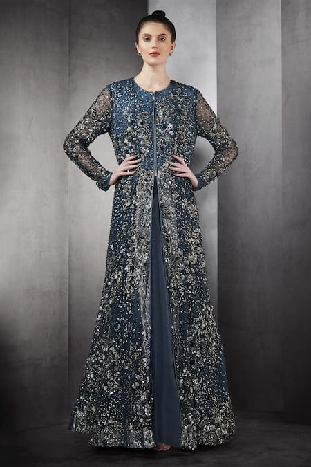 Rohit Gandhi + Rahul Khanna Blue Nylon Polyester Embellished Sequins Round Jacket And Skirt Set 