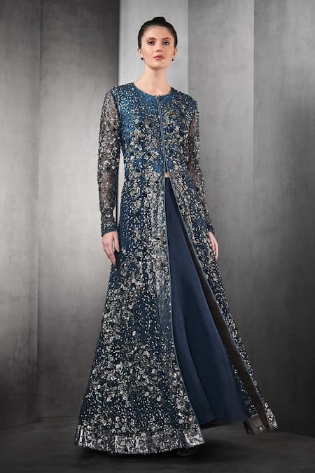 Rohit Gandhi + Rahul Khanna_Blue Nylon Polyester Sequins Round Embellished Jacket And Skirt Set _Online_at_Aza_Fashions