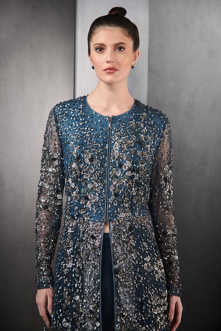 Buy_Rohit Gandhi + Rahul Khanna_Blue Nylon Polyester Sequins Round Embellished Jacket And Skirt Set _Online_at_Aza_Fashions