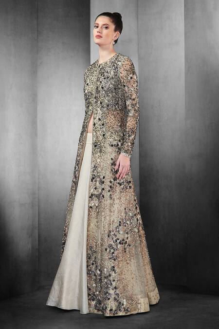 Buy_Rohit Gandhi + Rahul Khanna_Gold Nylon Polyester Sequins Round Embellished Jacket And Skirt Set _Online_at_Aza_Fashions