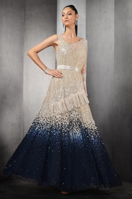 Rohit Gandhi + Rahul Khanna_Beige Nylon Viscose Sequins V Neck Ombre Gown With Fringe Cape _Online_at_Aza_Fashions