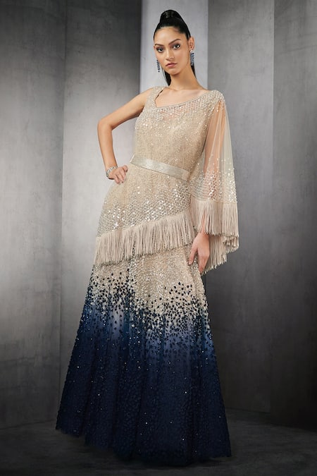 Shop_Rohit Gandhi + Rahul Khanna_Beige Nylon Viscose Sequins V Neck Ombre Gown With Fringe Cape _Online_at_Aza_Fashions