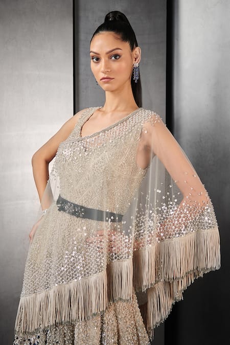 Rohit Gandhi + Rahul Khanna_Beige Nylon Viscose Sequins V Neck Ombre Gown With Fringe Cape _at_Aza_Fashions