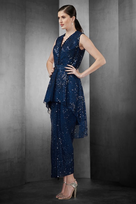 Rohit Gandhi + Rahul Khanna Blue Tulle Crystals V Neck Saree Gown With Embellished Jacket Online at Aza Fashions Rohit Gandhi + Rahul Khanna_Blue Tulle Crystals V Neck Saree Gown With Embellished Jacket _Online_at_Aza_Fashions