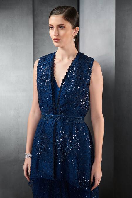 Buy Rohit Gandhi + Rahul Khanna Blue Tulle Crystals V Neck Saree Gown With Embellished Jacket Online at Aza Fashions Buy_Rohit Gandhi + Rahul Khanna_Blue Tulle Crystals V Neck Saree Gown With Embellished Jacket _Online_at_Aza_Fashions