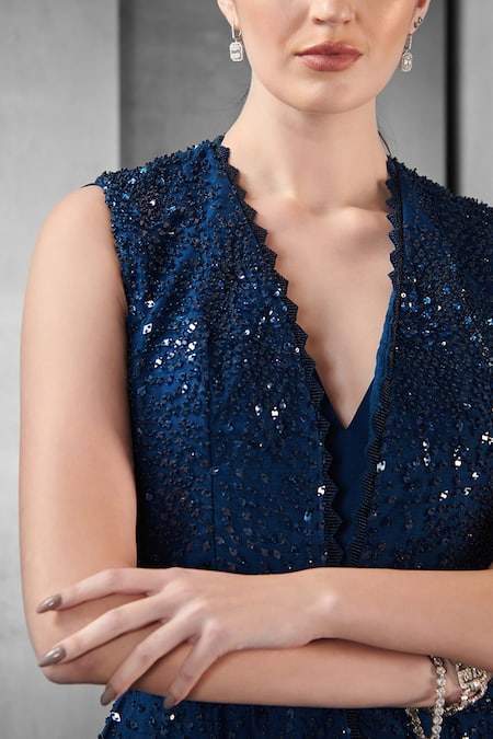 Rohit Gandhi + Rahul Khanna Blue Tulle Crystals V Neck Saree Gown With Embellished Jacket at Aza Fashions Rohit Gandhi + Rahul Khanna_Blue Tulle Crystals V Neck Saree Gown With Embellished Jacket _at_Aza_Fashions