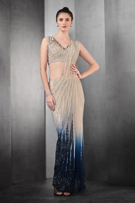 Buy Rohit Gandhi + Rahul Khanna Beige Tulle Sequins Ombre Pre-draped Saree Online at Aza Fashions Buy_Rohit Gandhi + Rahul Khanna_Beige Tulle Sequins Ombre Pre-draped Saree _Online_at_Aza_Fashions