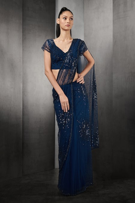 Rohit Gandhi + Rahul Khanna_Blue Tulle Sequin, Crystals And Beads Embroidered Pre-stitched Saree _Online_at_Aza_Fashions