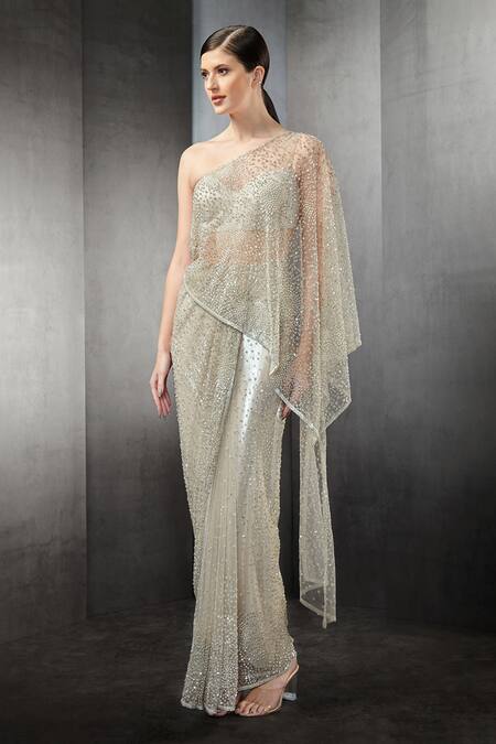 Rohit Gandhi + Rahul Khanna_Beige Tulle Sequin One Shoulder Embroidered Saree Gown _Online_at_Aza_Fashions