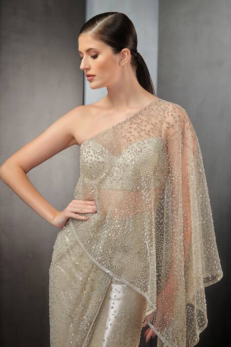 Buy_Rohit Gandhi + Rahul Khanna_Beige Tulle Sequin One Shoulder Embroidered Saree Gown _Online_at_Aza_Fashions