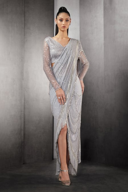 Rohit Gandhi + Rahul Khanna Fringe Embellished Pre-Draped Saree 