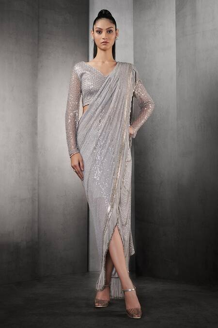 Rohit Gandhi + Rahul Khanna_Silver Poly Georgette Fringed Embellished Pre-draped Saree _Online_at_Aza_Fashions