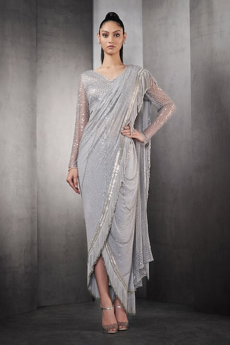 Buy_Rohit Gandhi + Rahul Khanna_Silver Poly Georgette Fringed Embellished Pre-draped Saree _Online_at_Aza_Fashions