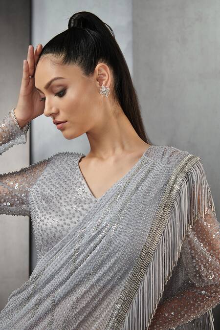 Shop_Rohit Gandhi + Rahul Khanna_Silver Poly Georgette Fringed Embellished Pre-draped Saree _Online_at_Aza_Fashions
