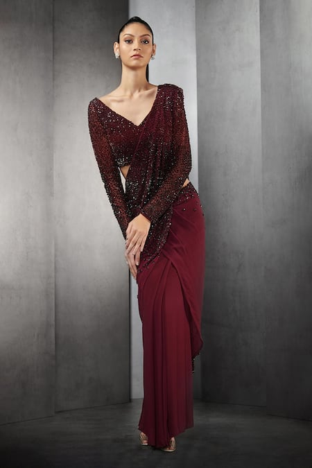 Rohit Gandhi + Rahul Khanna Maroon Poly Georgette Embroidered Sequins Pre-draped Saree 