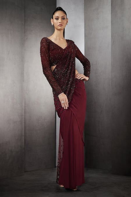 Shop Rohit Gandhi + Rahul Khanna Maroon Poly Georgette Sequins Pre-draped Saree at Aza Fashions Shop_Rohit Gandhi + Rahul Khanna_Maroon Poly Georgette Sequins Pre-draped Saree _at_Aza_Fashions