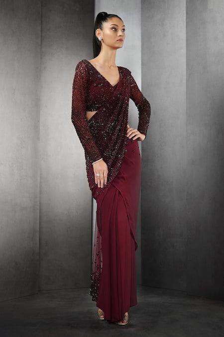 Rohit Gandhi + Rahul Khanna Maroon Poly Georgette Sequins Pre-draped Saree Online at Aza Fashions Rohit Gandhi + Rahul Khanna_Maroon Poly Georgette Sequins Pre-draped Saree _Online_at_Aza_Fashions