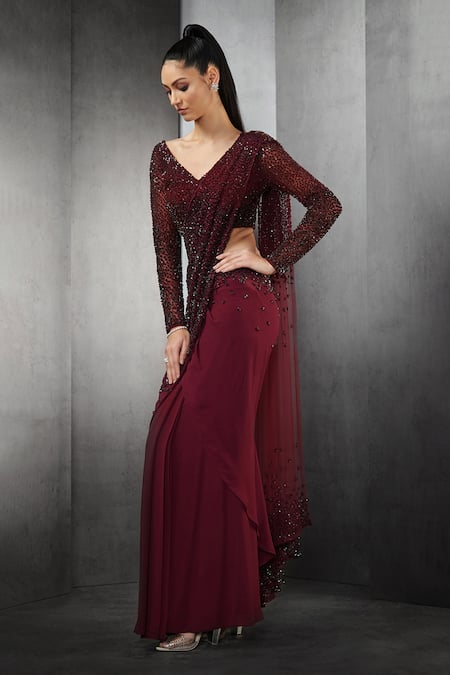 Buy Rohit Gandhi + Rahul Khanna Maroon Poly Georgette Sequins Pre-draped Saree Online at Aza Fashions Buy_Rohit Gandhi + Rahul Khanna_Maroon Poly Georgette Sequins Pre-draped Saree _Online_at_Aza_Fashions