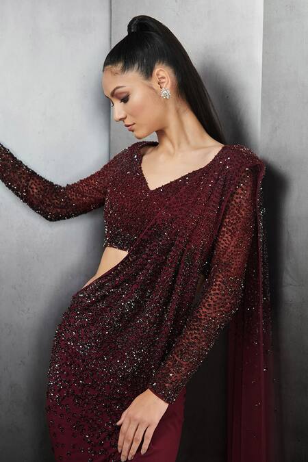 Shop Rohit Gandhi + Rahul Khanna Maroon Poly Georgette Sequins Pre-draped Saree Online at Aza Fashions Shop_Rohit Gandhi + Rahul Khanna_Maroon Poly Georgette Sequins Pre-draped Saree _Online_at_Aza_Fashions