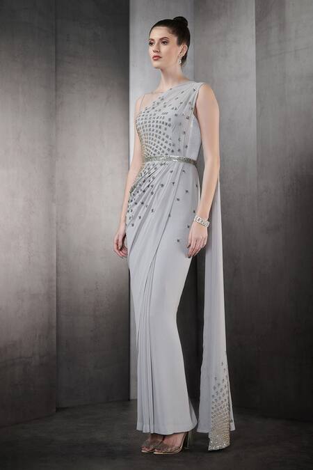 Rohit Gandhi + Rahul Khanna_Grey Tulle Crystals Boat Embroidered Saree Gown _Online_at_Aza_Fashions