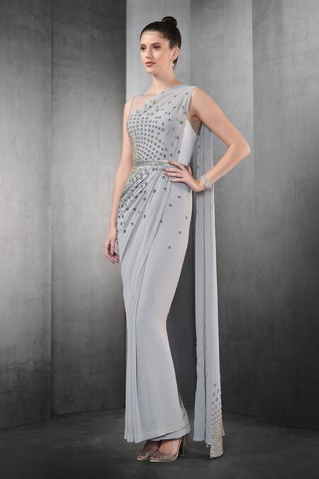 Buy_Rohit Gandhi + Rahul Khanna_Grey Tulle Crystals Boat Embroidered Saree Gown _Online_at_Aza_Fashions