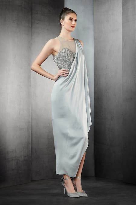 Rohit Gandhi + Rahul Khanna_Silver Satin Sequin Round Saree Gown _Online_at_Aza_Fashions