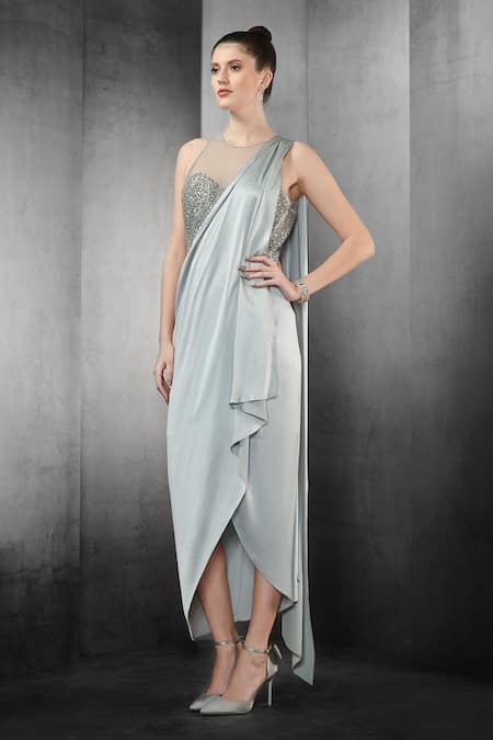 Buy_Rohit Gandhi + Rahul Khanna_Silver Satin Sequin Round Saree Gown _Online_at_Aza_Fashions