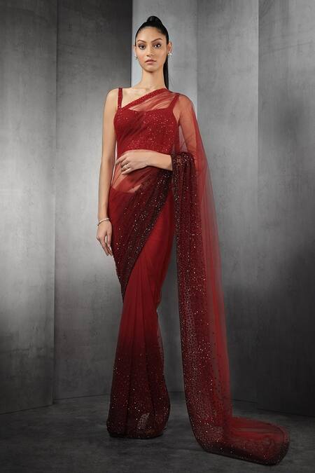 Rohit Gandhi + Rahul Khanna_Red Tulle Pre-draped Embroidered Saree _Online_at_Aza_Fashions