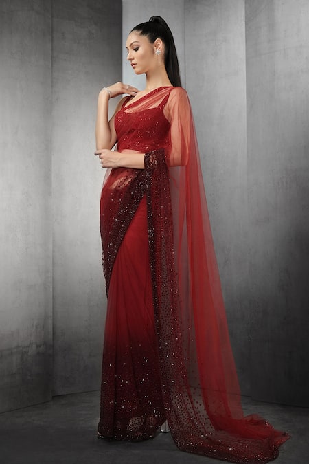 Shop_Rohit Gandhi + Rahul Khanna_Red Tulle Pre-draped Embroidered Saree _at_Aza_Fashions