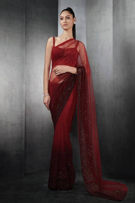 Buy_Rohit Gandhi + Rahul Khanna_Red Tulle Pre-draped Embroidered Saree _Online_at_Aza_Fashions
