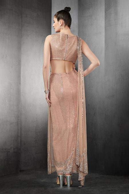 Shop Rohit Gandhi + Rahul Khanna Pink Shimmer Chiffon Round Saree Gown at Aza Fashions Shop_Rohit Gandhi + Rahul Khanna_Pink Shimmer Chiffon Round Saree Gown _at_Aza_Fashions