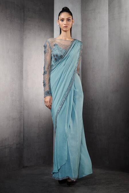 Rohit Gandhi + Rahul Khanna_Blue Georgette Boat Embellished Saree Gown _Online_at_Aza_Fashions