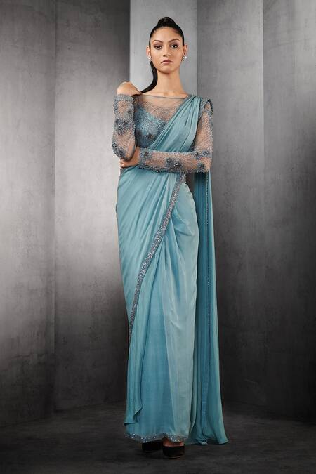 Buy_Rohit Gandhi + Rahul Khanna_Blue Georgette Boat Embellished Saree Gown _Online_at_Aza_Fashions