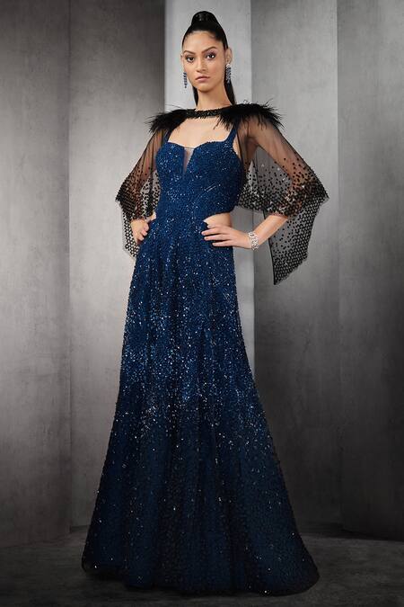 Rohit Gandhi + Rahul Khanna_Blue Tulle, Lining Shantoon And Hard Net Sequin & Embellished Gown With Cape _Online_at_Aza_Fashions